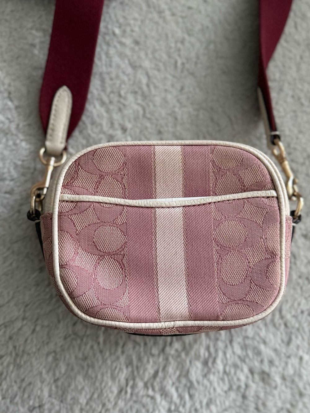 Coach Pink Signature Canvas Crossbody with Burgundy Strap - Picture 3 of 10